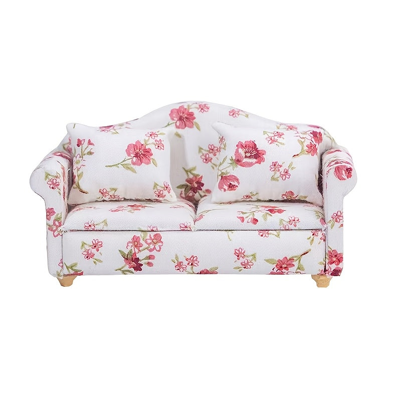 Pink Floral Sofa with Cushions for Dollhouse & Fairy Garden Decor
