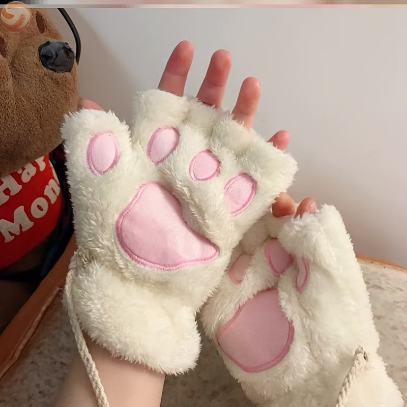 Winter Cartoon Cat Paws Gloves Girl Fingerless Plush Gloves
