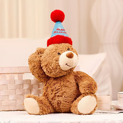Plush Teddy Bear with Red Ears & Birthday Hat Brown & Tan Stuffed Animal Toy