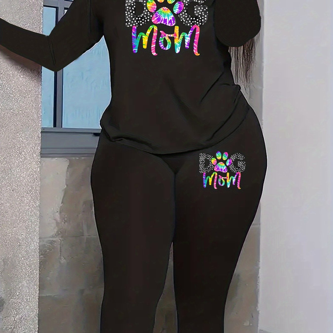  Art Letter & Paw Print Top & Leggings Set