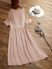 Plus Size Solid Short Sleeve V Neck Ruched Dress