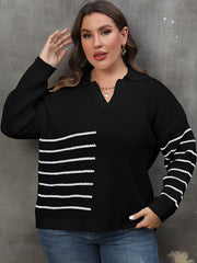  Stripe Print Long Sleeve Polo Neck Pullover Jumper