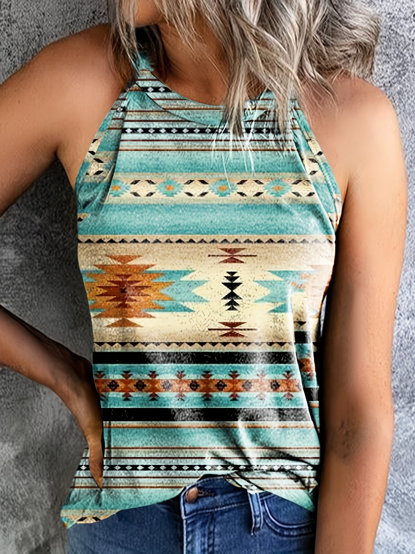  Southwestern Print Tank Top Round Neck Casual Slight Stretch