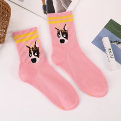 3 Pairs Cartoon Dog Print Socks Striped Crew Socks Women's Stockings