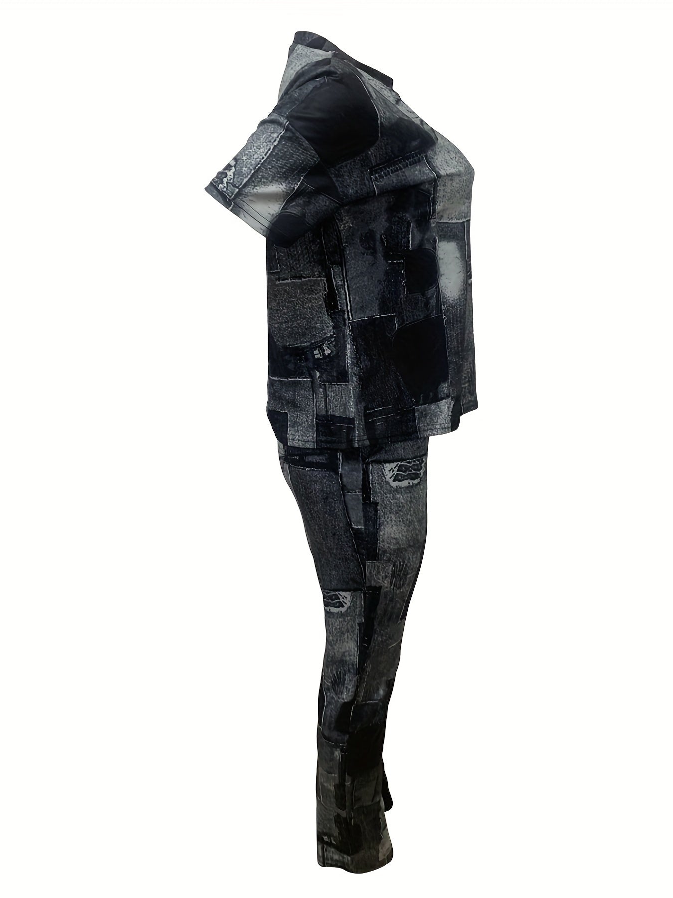 Denim Print Two Piece Set Short Sleeve T shirt & High Waist Pants Outfits