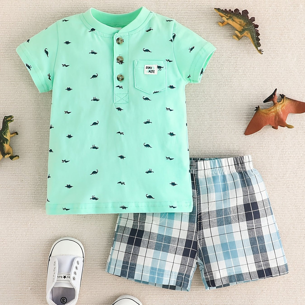 Boys Dino Print T Shirt & Plaid Shorts Set for Summer