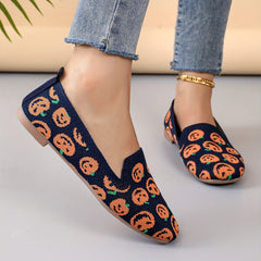 Women's Pumpkin Print Flat Shoes Breathable Knit Square Toe Shoes