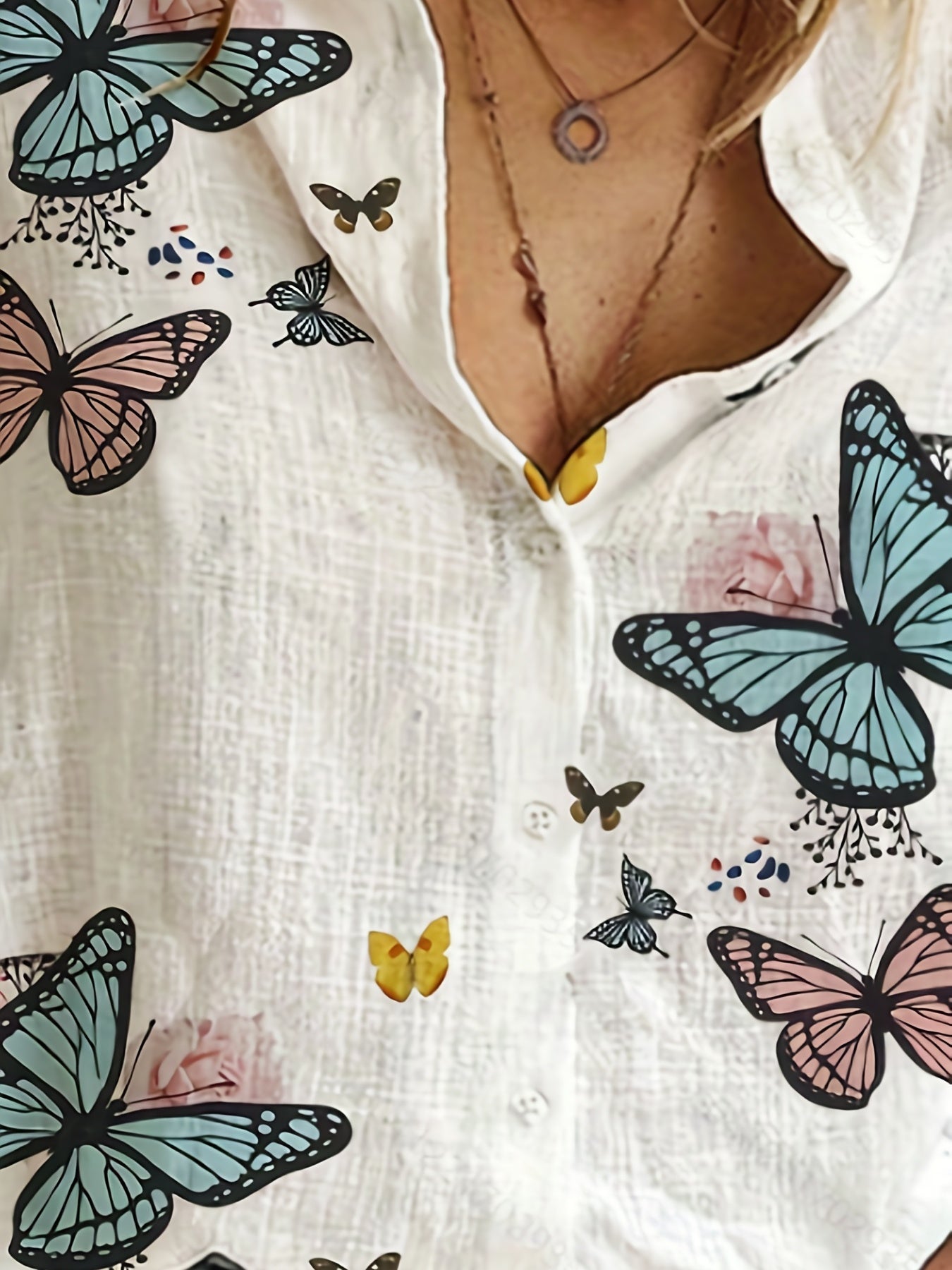  Casual Blouse Women's Plus Butterfly Print Long Sleeve Button Up