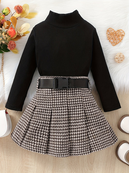 Girl's Ribbed Turtleneck Top & Houndstooth Pleated Skirt Set