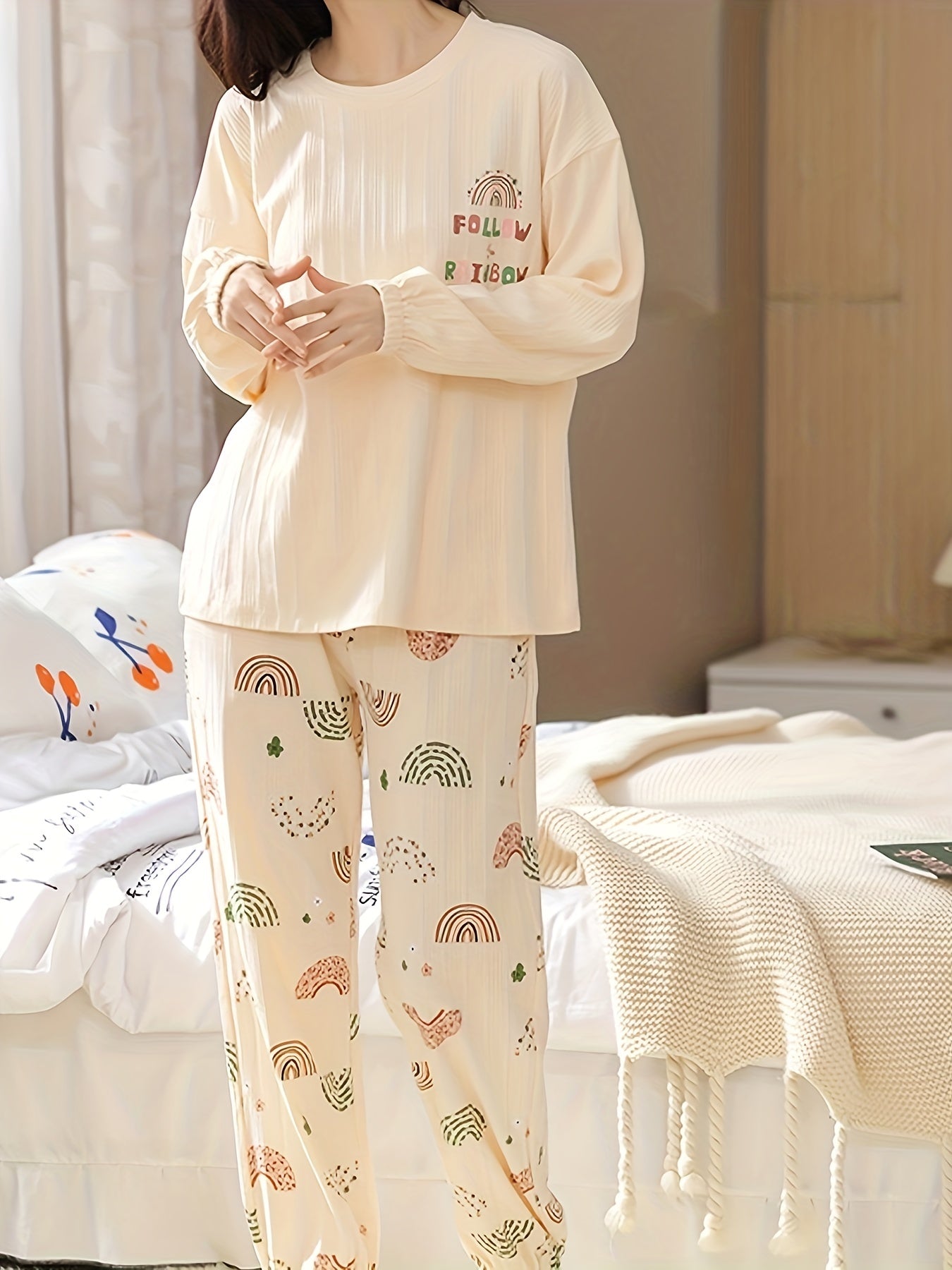 Rainbow Print Pajama Set Long Sleeve Top & Pants Women's Sleepwear