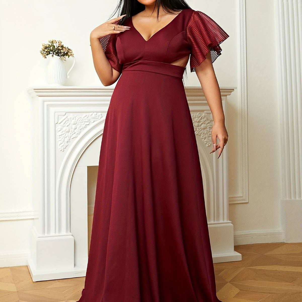  Solid Eyelet Embroidered Maxi Party Dress