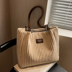 Stylish Corduroy Shoulder Bag for Women Zip Closure Fixed Strap