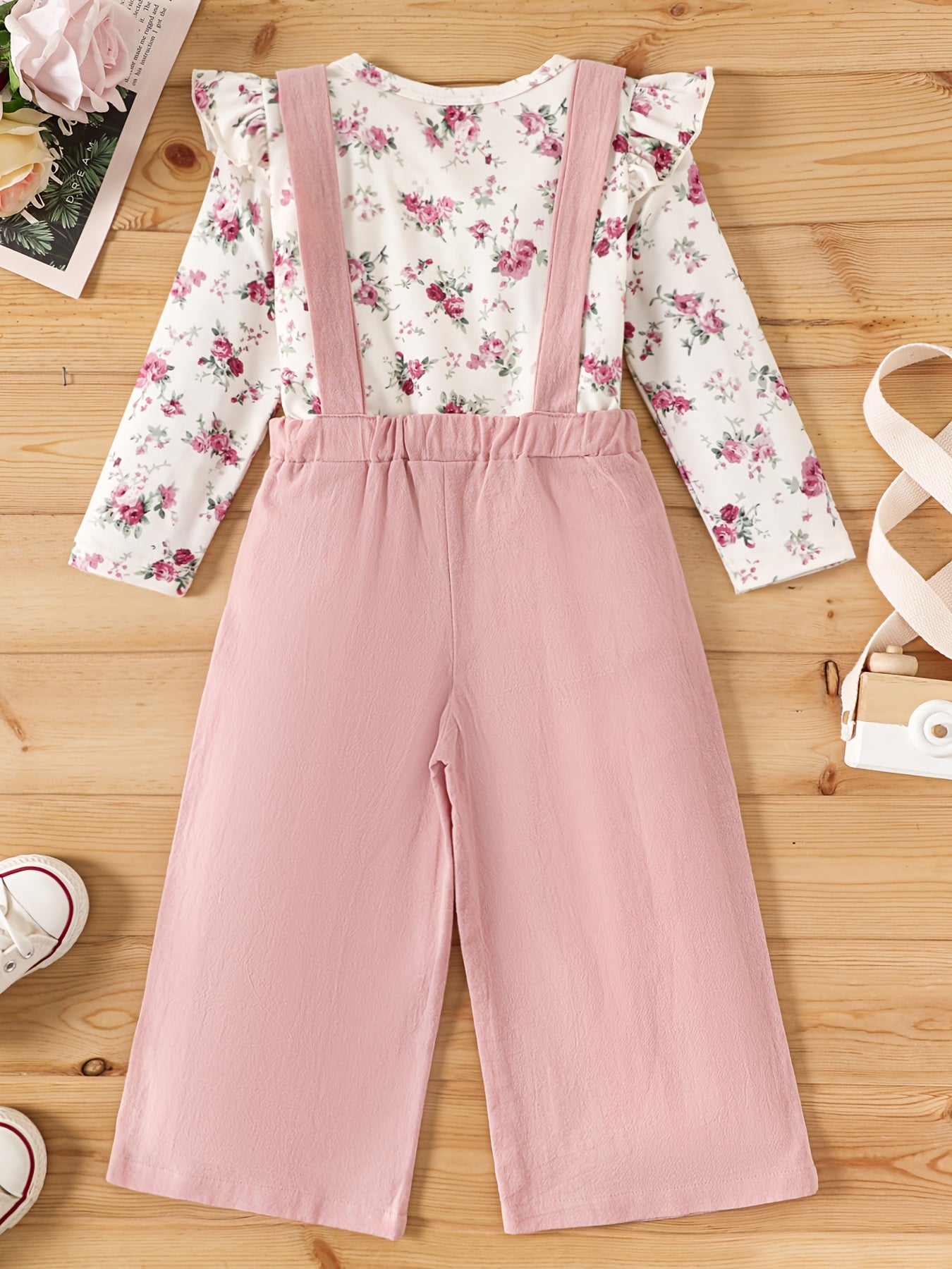 Toddler Girl's 2pcs Top & Jumpsuit Set Floral Print Ruffle Decor Outfits