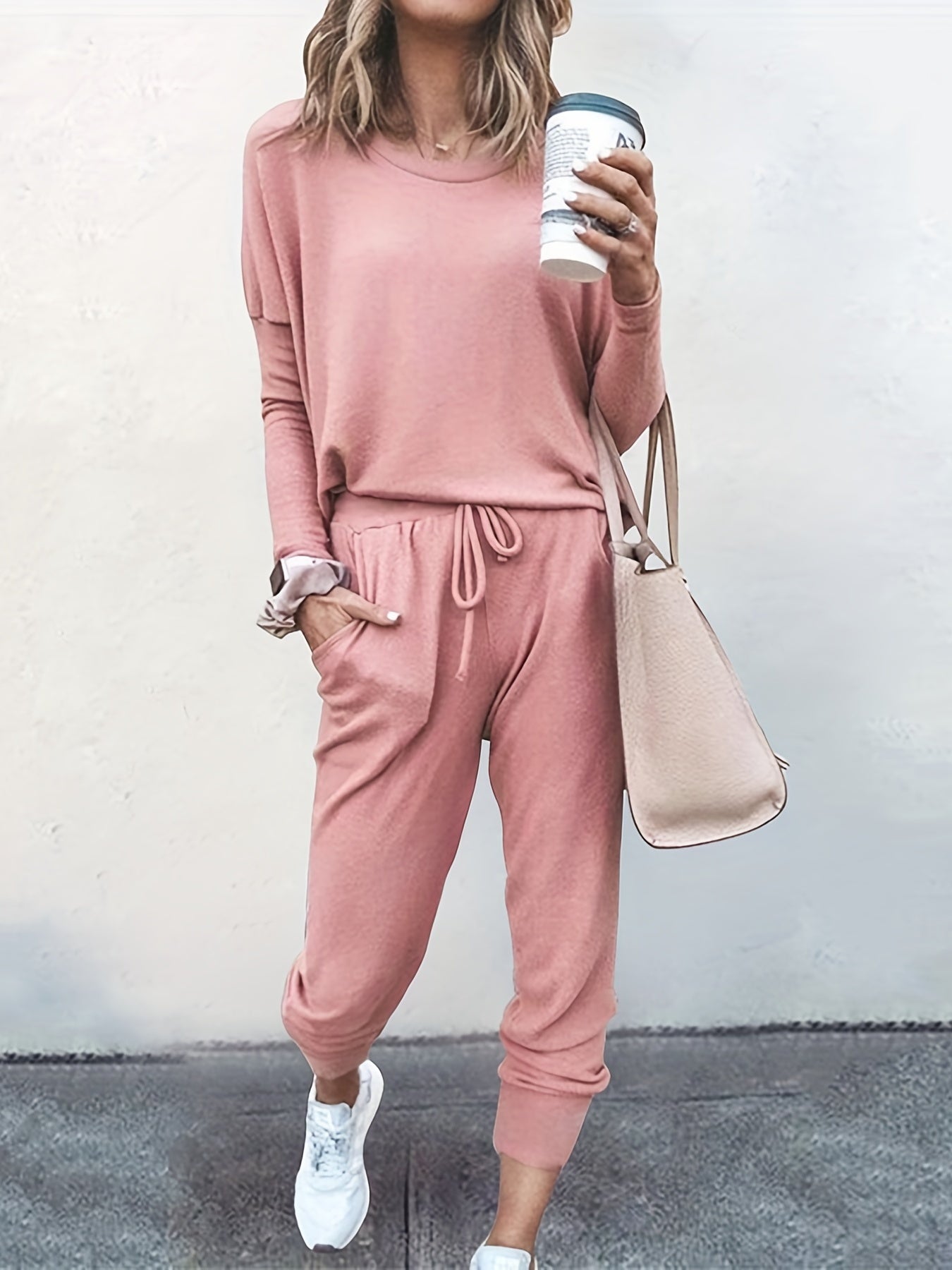 Casual Two-piece Set Long Sleeve T-shirt & Drawstring Pants Outfit