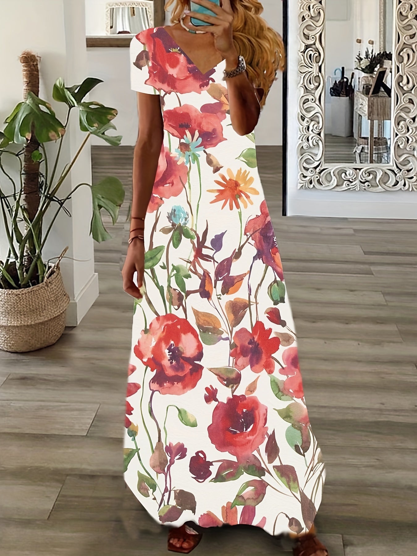  Floral Print V Neck Maxi Dress