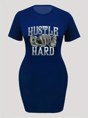  Graphic Print Short Sleeve Round Neck High Stretch Dress