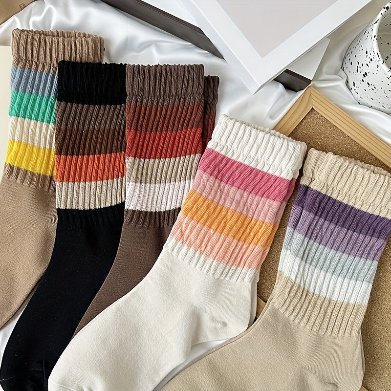 5 Pairs Colorblock Striped Socks Comfy & Breathable Mid Tube Socks