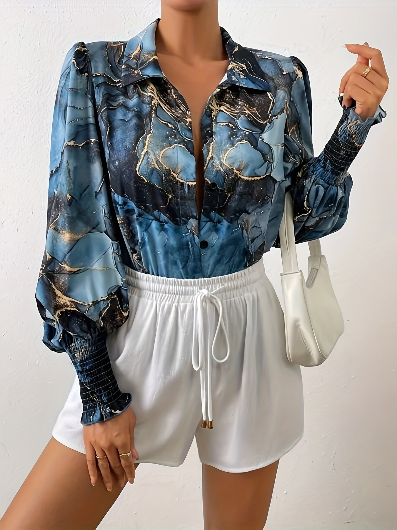  Marble Print Lantern Sleeve Button Up Shirt