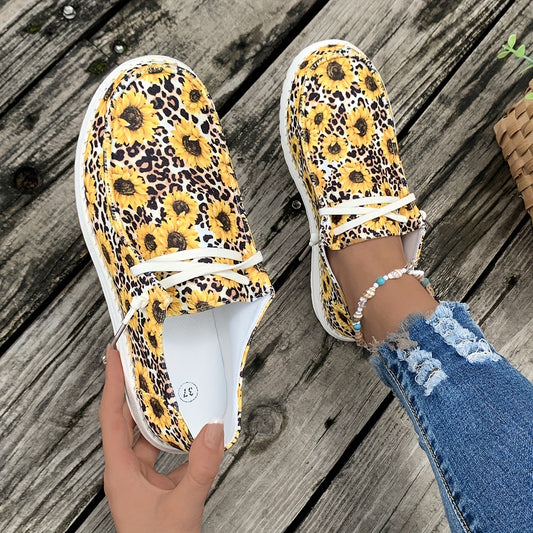 Flower & Leopard Print Canvas Casual Lace Up Low Top Shoes