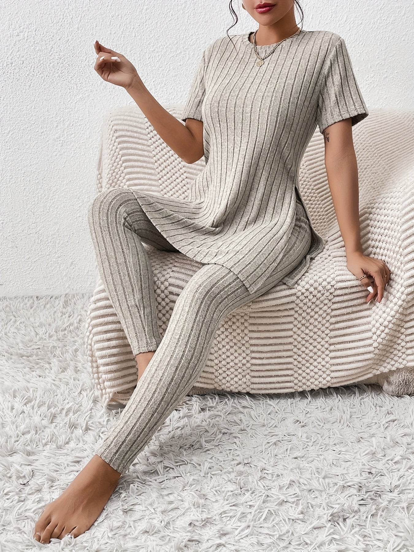 Ribbed Two piece Set Crew Neck Tops & Slim Pants Outfits