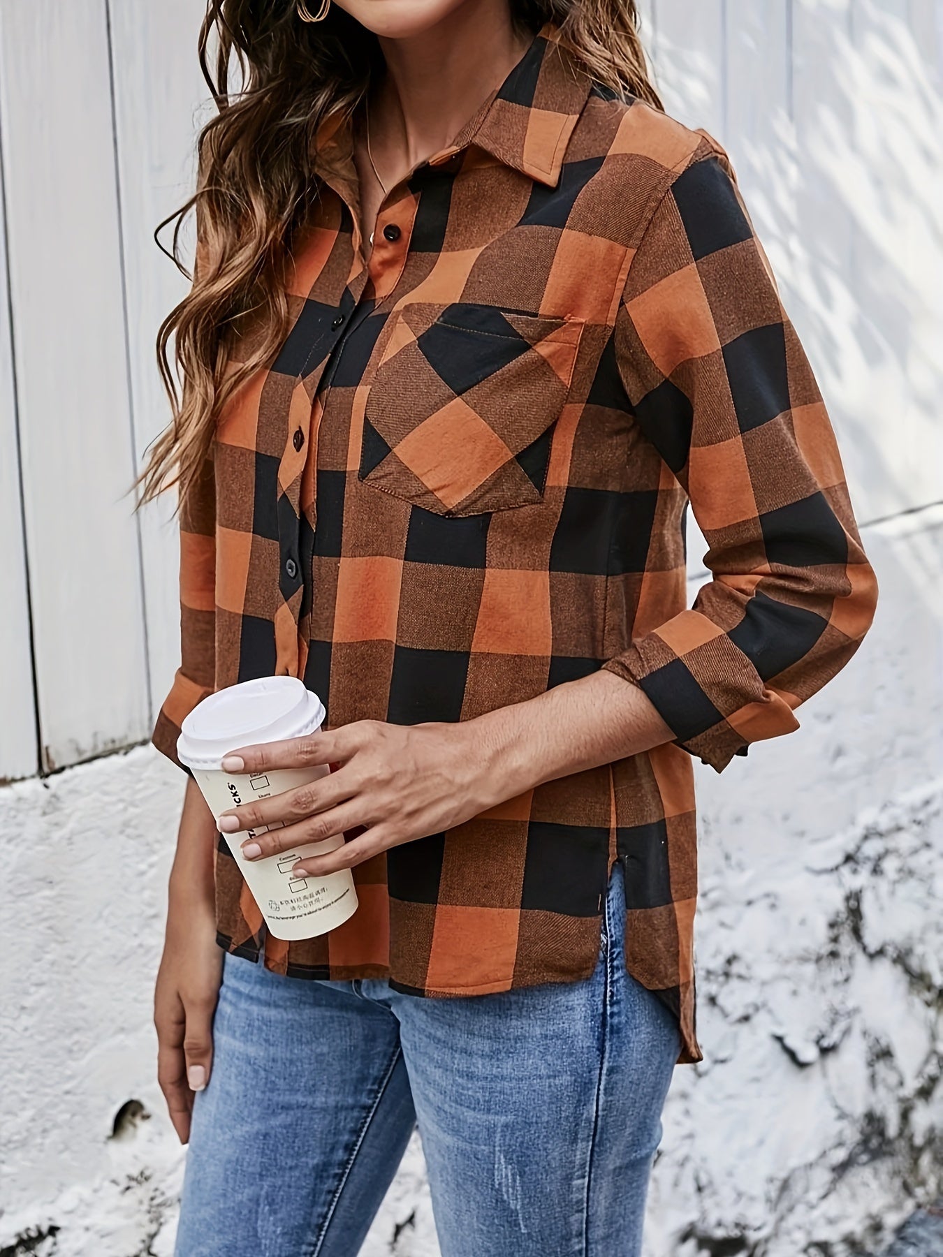 Plaid Print Long Sleeve Button Up Collar Shirt Top
