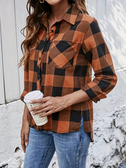  Plaid Print Long Sleeve Button Up Collar Shirt Top