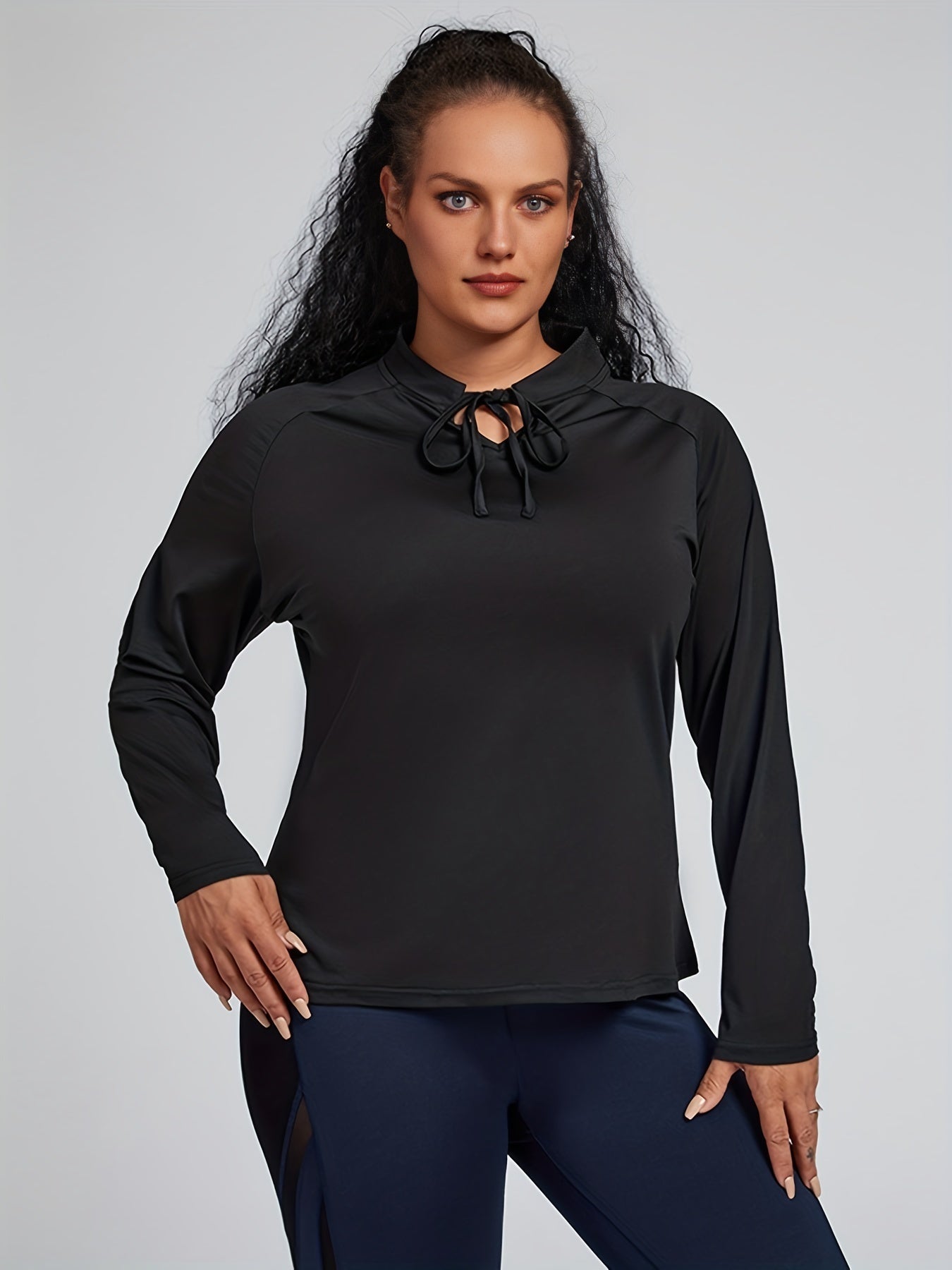  Solid Long Sleeve Quick Drying Keyhole Tie Top