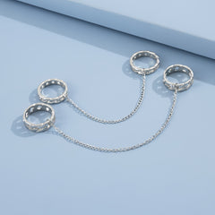 Silver 4 Finger Stacking Ring Double Rings Attached Tassel Chain Ring