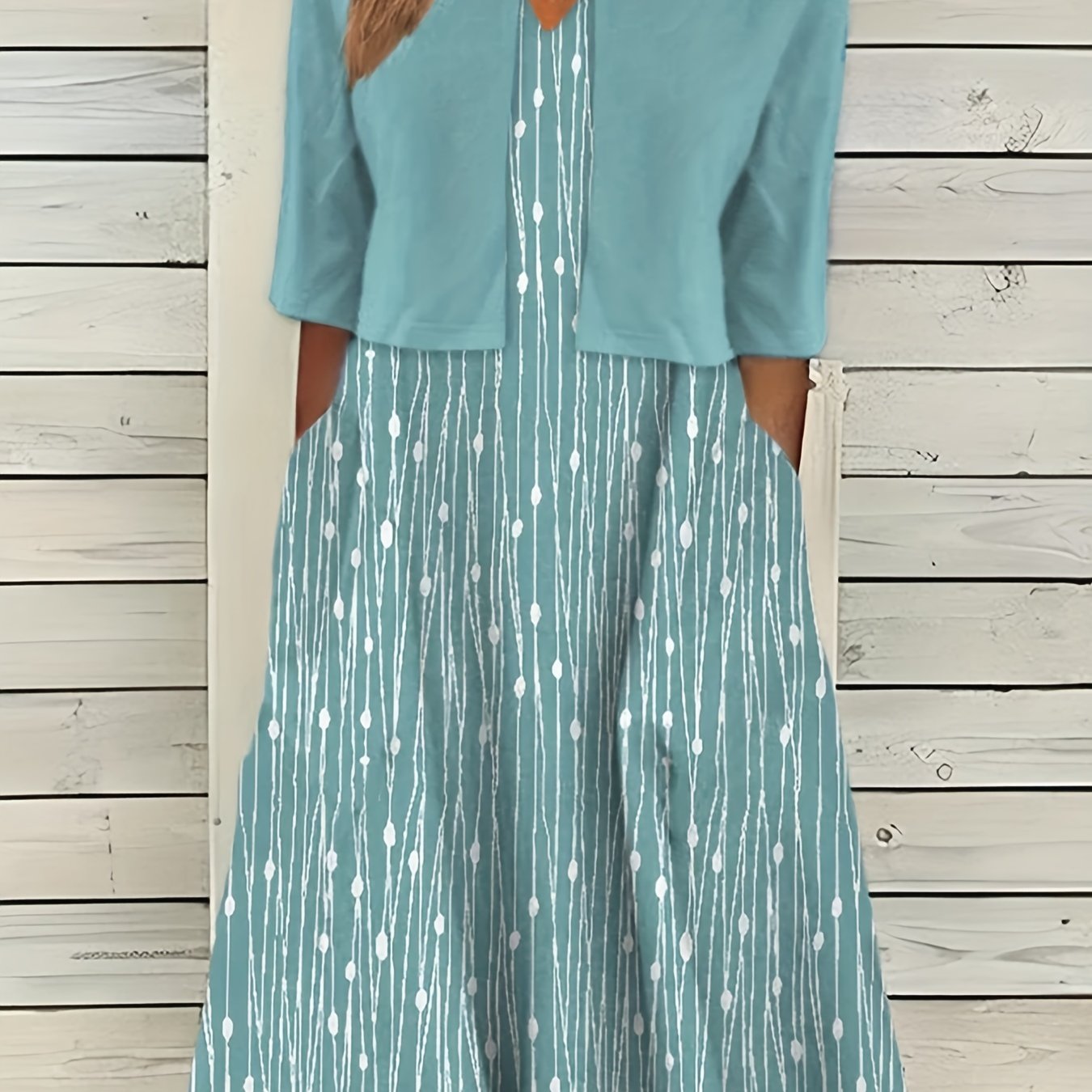 Crop Cardigan & Print V Neck Strap Dress Set