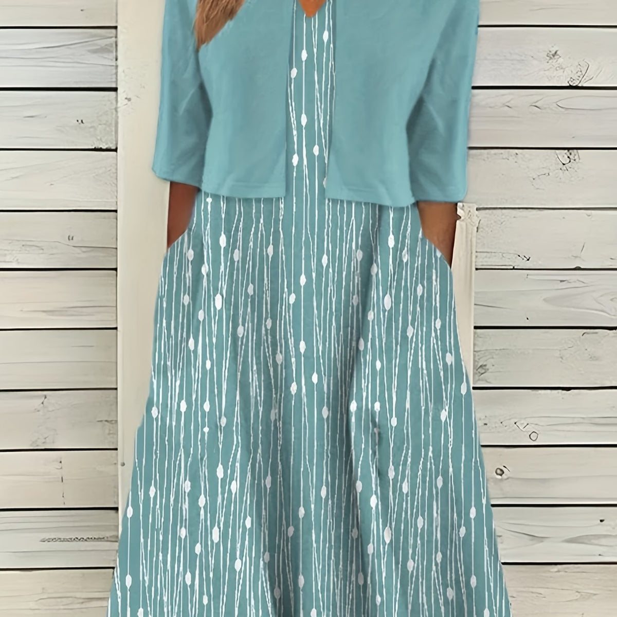 Crop Cardigan & Print V Neck Strap Dress Set