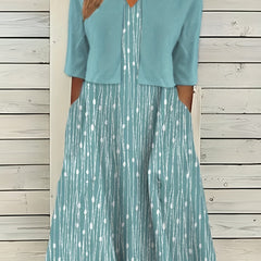 Crop Cardigan & Print V Neck Strap Dress Set