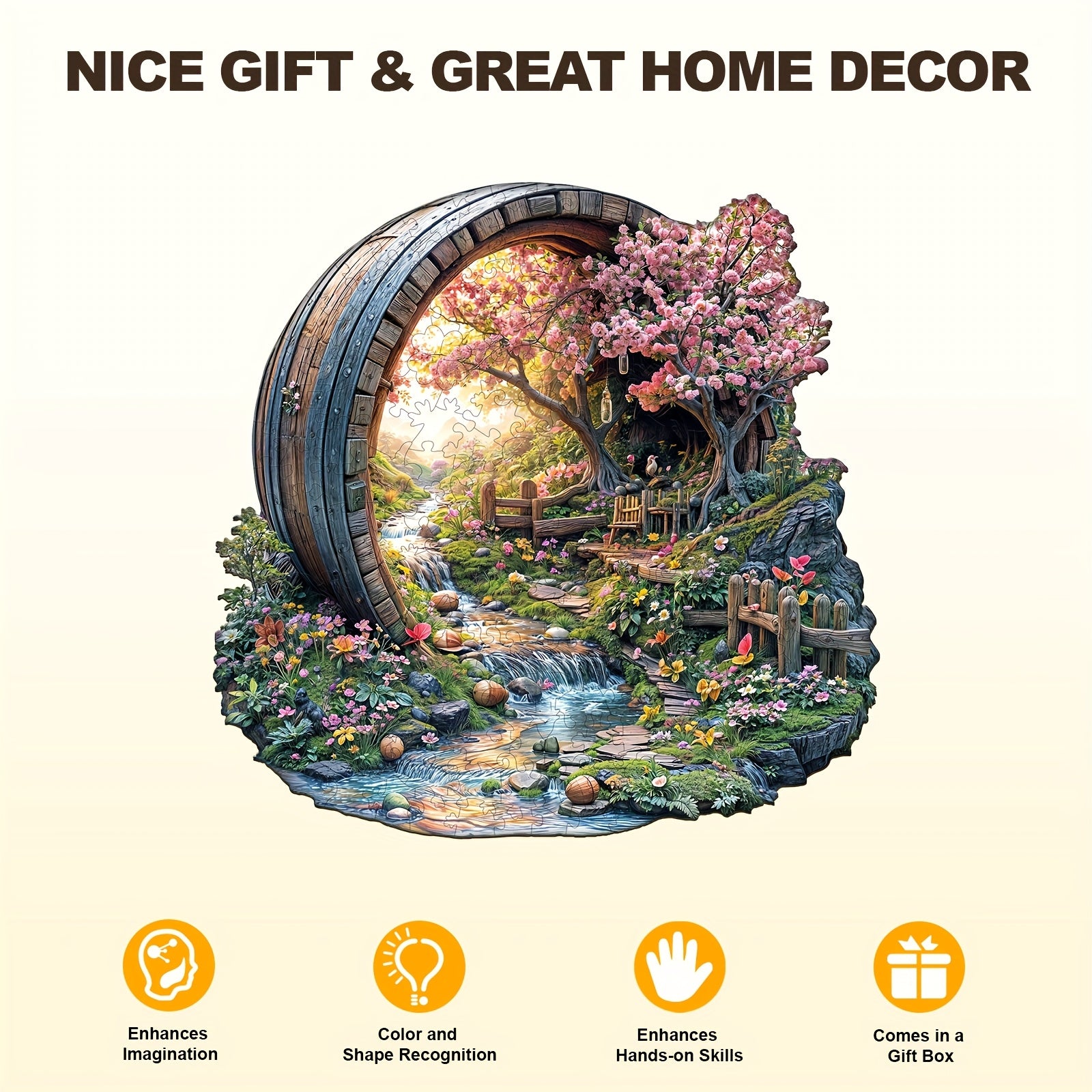 Artistic Wooden Jigsaw Puzzle Enchanted Forest Scene with Waterfall & Flowers