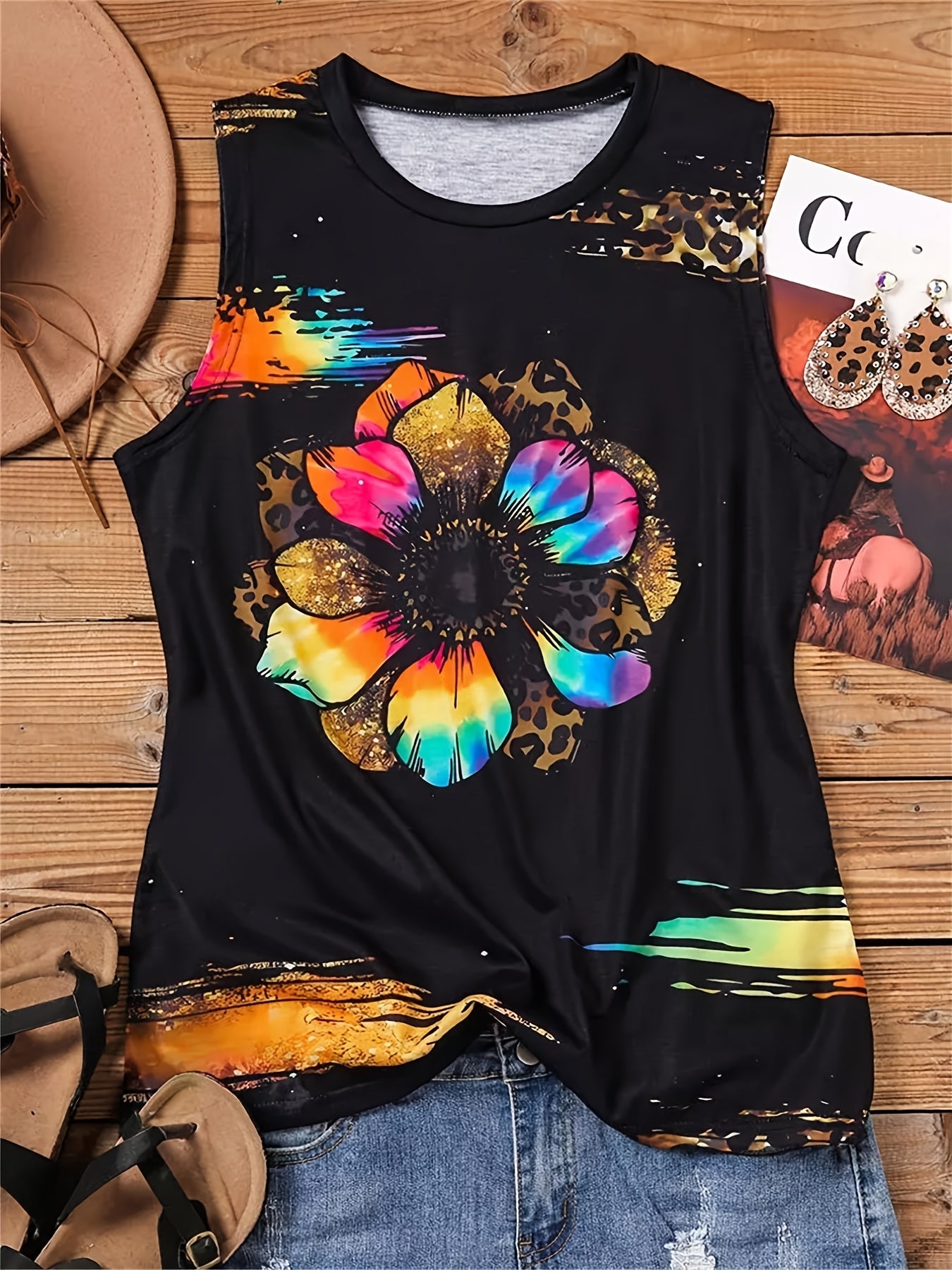 Leopard Flower Print Tank Top Crew Neck Sleeveless Tank Top Women's Clothing