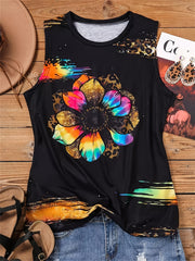 Leopard Flower Print Tank Top Crew Neck Sleeveless Tank Top Women's Clothing