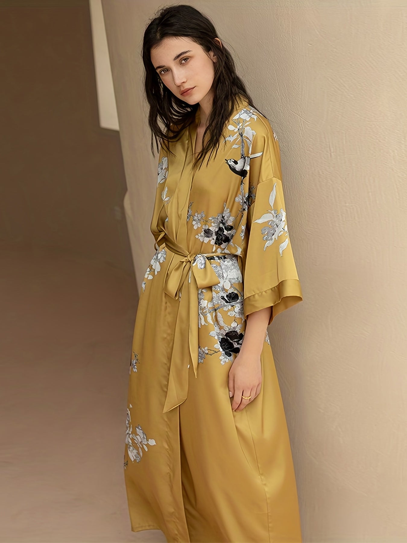  Satin Floral Print Nightgown V-Neck Sleepwear Robe with Belt