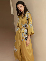  Satin Floral Print Nightgown V-Neck Sleepwear Robe with Belt