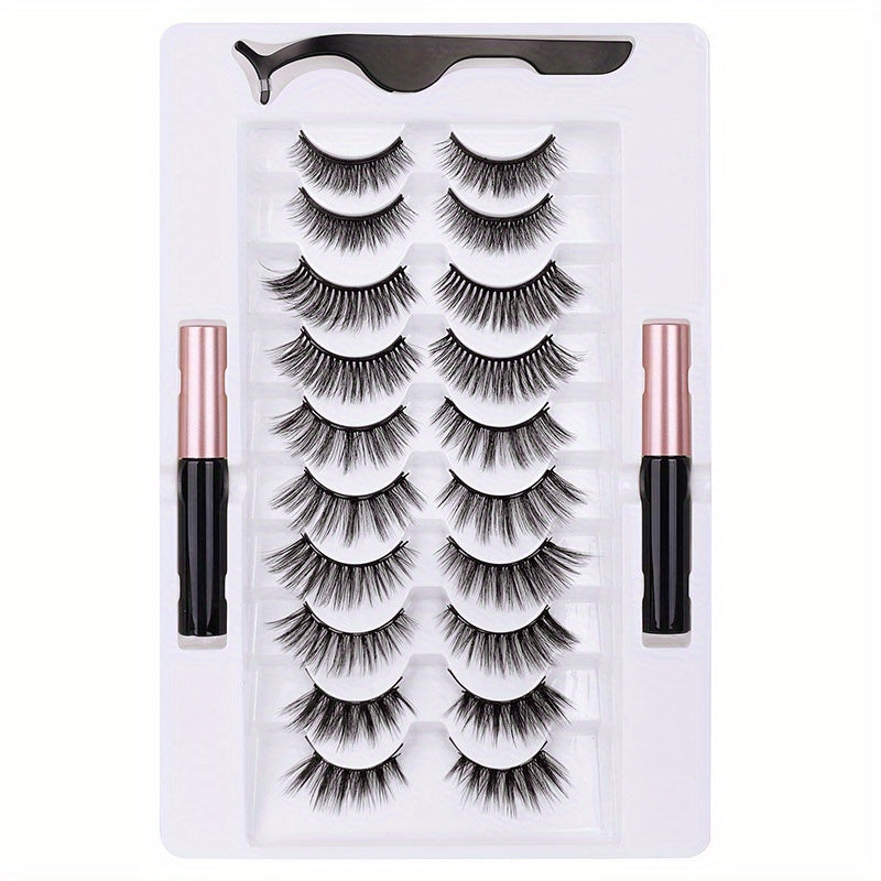 10 Pairs Magnetic Eyelashes Kit With 2 Magnetic Eyeliners & Tweezer