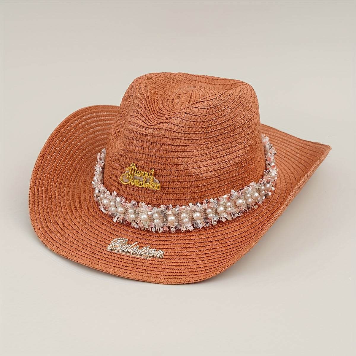 Rhinestone Bride Cowboy Hat Faux Pearl Lace Hatband Decor Straw Jazz Hat