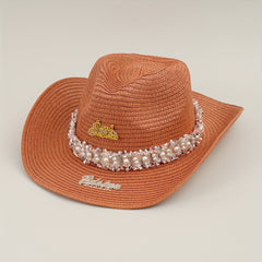 Rhinestone Bride Cowboy Hat Faux Pearl Lace Hatband Decor Straw Jazz Hat