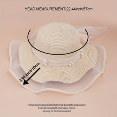 Lace Sun Hat Ribbon Bowknot Faux Pearl Straw Hat