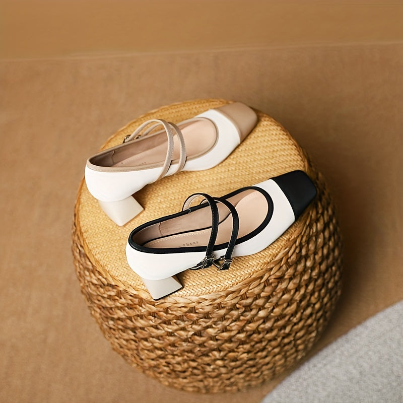 Colorblock Chunky Heels Square Toe Buckle Strap Shoes Dress Pumps