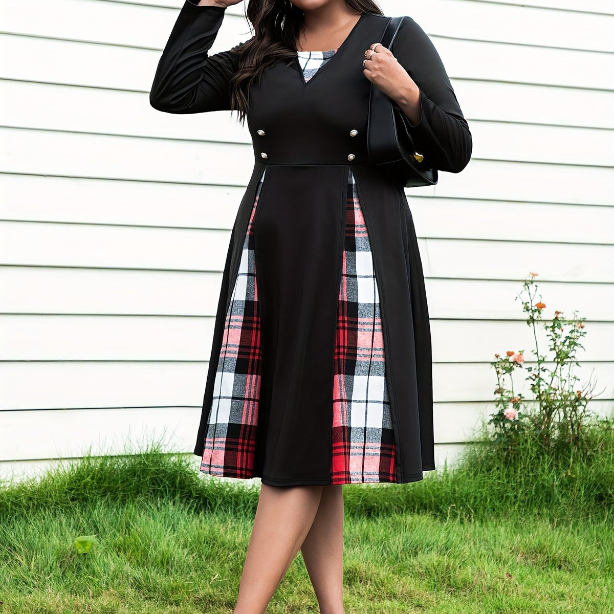  Plaid Print Button Decor Long Sleeve Dress