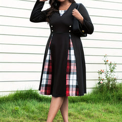  Plaid Print Button Decor Long Sleeve Dress