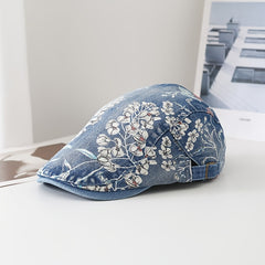 Y2K Floral Print Beret Denim Vintage Women Peaked Cap