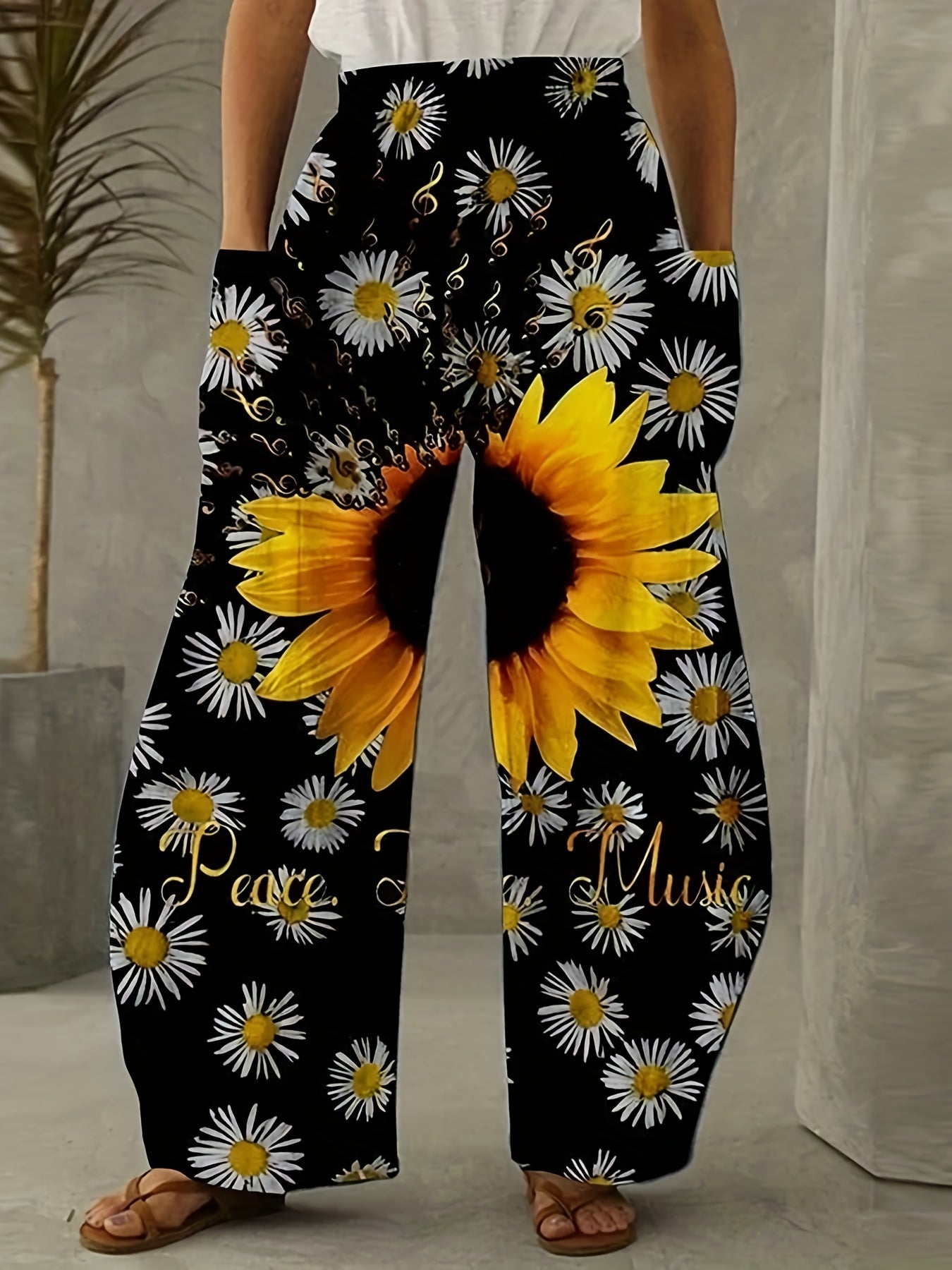 Women's Plus Sunflower Print Wide Leg Pants With Pockets