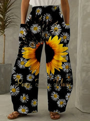 Women's Plus Sunflower Print Wide Leg Pants With Pockets