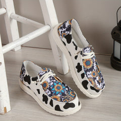 Women's Cow & Sunflower Print Canvas Lace Up Flat Outdoor Shoes