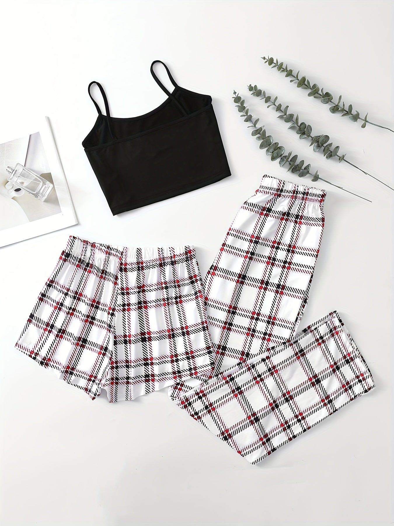Plaid Print Pajama Set Cami Top & Bow Shorts Women's Sleepwear