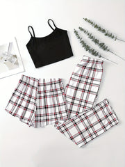 Plaid Print Pajama Set Cami Top & Bow Shorts Women's Sleepwear