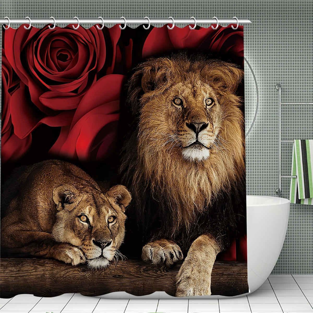 Waterproof Lion & Rose Flower Shower Curtain Set with 12 Hooks